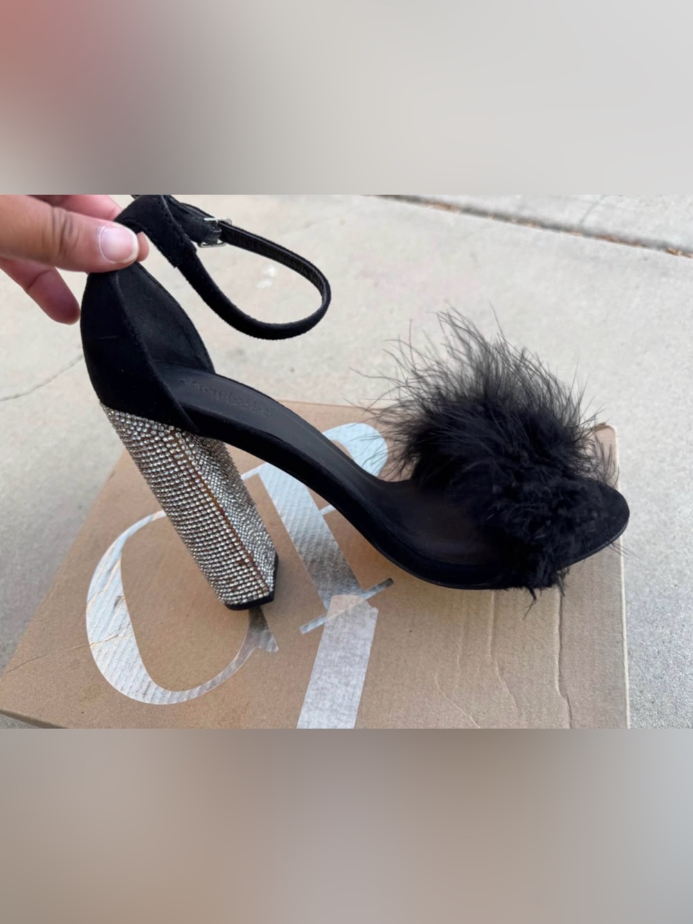 Charlotte Russe Black Feather Sandal with Crystal Block Heel